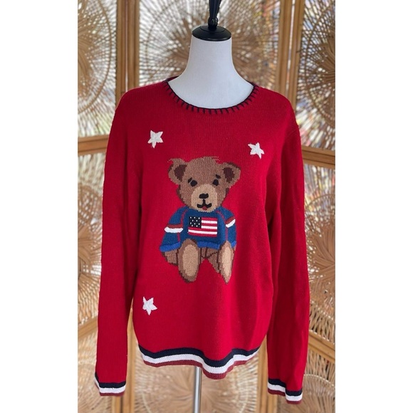 Vintage Sag Harbor Sport Red Knit Teddy Bear & Stars American Flag Sweater - Picture 2 of 5